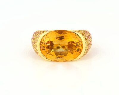 Design Gold-Ring mit Citrin und Saphir, MZ: MS, Frankreich um 1980